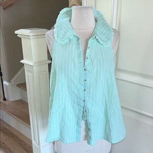 Mint Green Cotton Blouse Flowy Ruffle Collar New